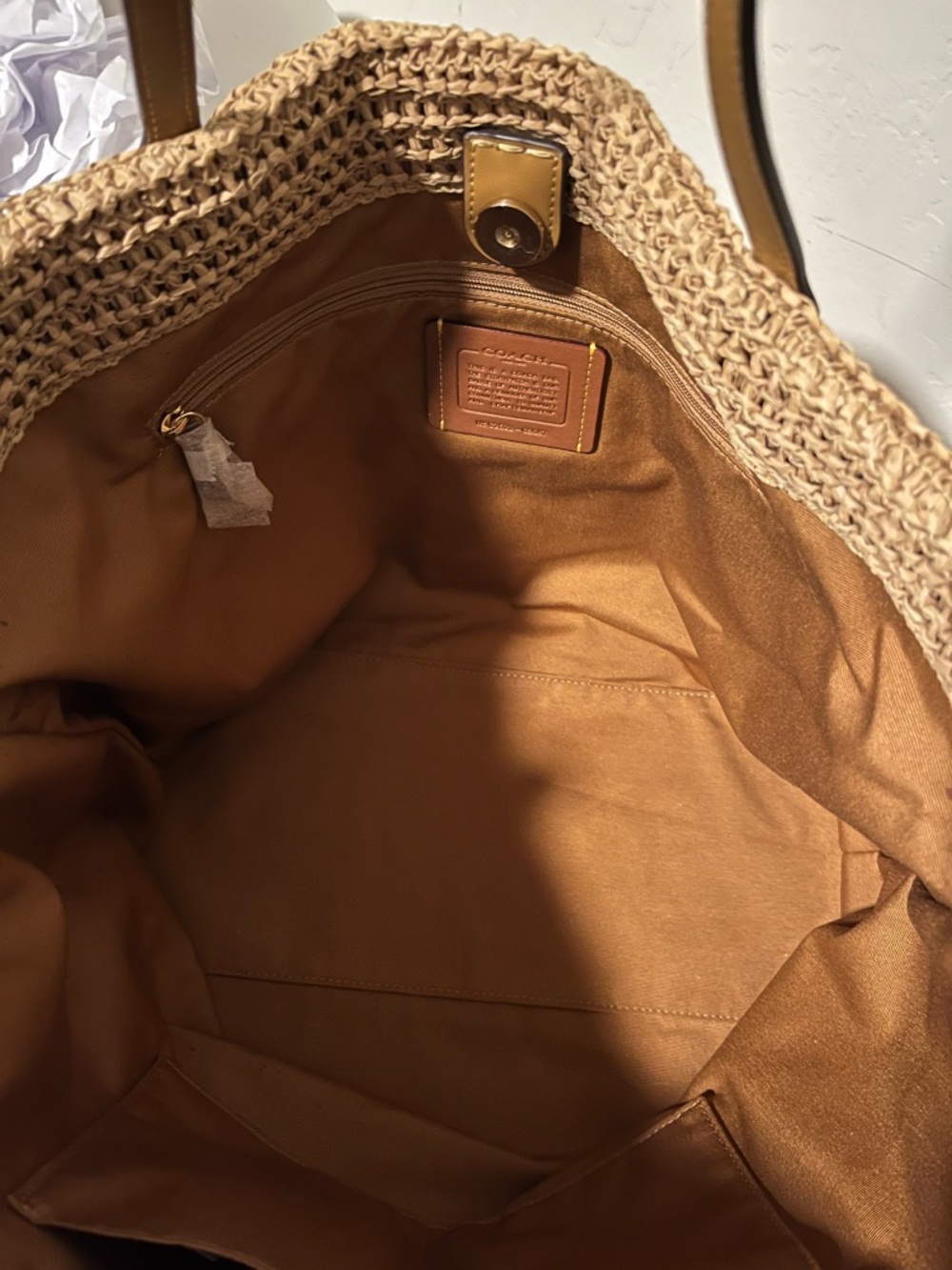 Coach Tan Straw Tote with Leather Trim and Logo - Picture 7 of 8